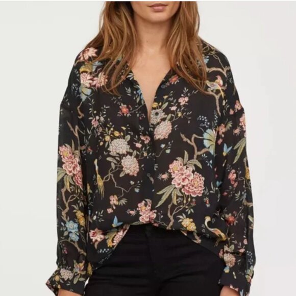 GP & J Baker x H&M Woman's Boho Floral Bird Print Top Flowy Size 6 (Oversized) - Picture 1 of 11
